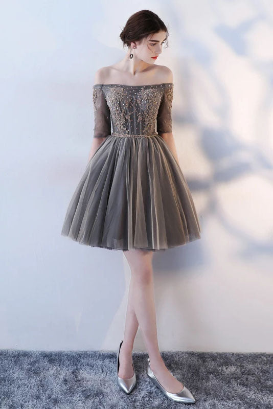 A Line Half Sleeves Gray Off the Shoulder Homecoming Dresses H1135