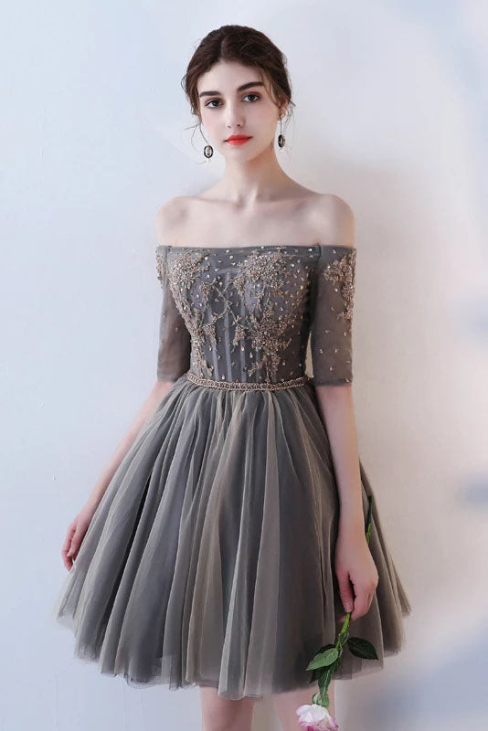 A Line Half Sleeves Gray Off the Shoulder Homecoming Dresses, Short Prom Dresses H1135