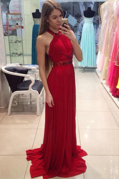 A Line Halter Red Chiffon Long Prom Dresses with Beading, Cheap Evening Dresses PW702