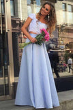 A Line Lace Two Piece Blue Satin Cap Sleeve Prom Dresses with Appliques PW640