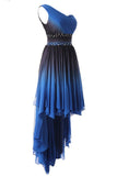 A Line One Shoulder Ombre Chiffon Blue Ruffles Prom Dress Homecoming Dress PW875