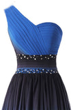 A Line One Shoulder Ombre Chiffon Blue Ruffles Prom Dress Homecoming Dress PW875