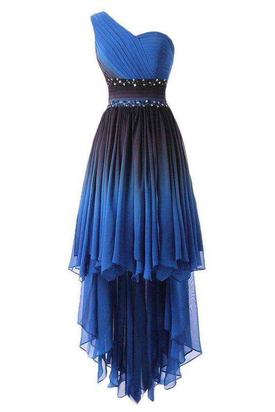 A Line One Shoulder Ombre Chiffon Blue Ruffles Prom Dresses, Homecoming Dresses PW875