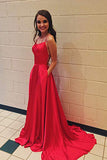 A Line Red Spaghetti Straps Open Back Prom Dresses with Slit Pockets PW686