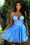 A Line Spaghetti Straps Blue Homecoming Dresses with Appliques V Neck Short Prom Dress H1285