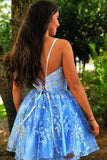 A Line Spaghetti Straps Blue Homecoming Dress with Appliques V-Neck Short Prom Dress H1285