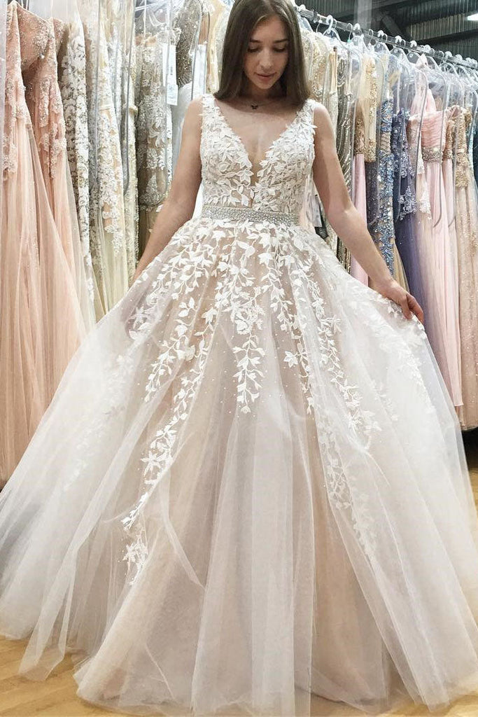 A Line V Neck Long Ivory Lace Appliques Wedding Dresses Beads Prom Dresses PW598