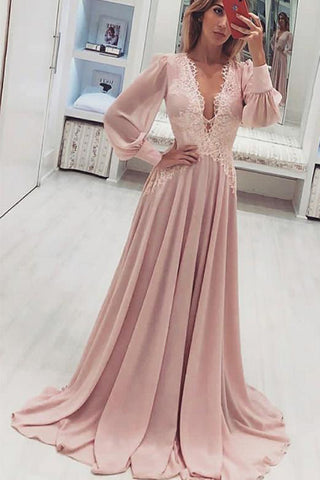 A Line V Neck Long Sleeve Pink Chiffon Prom Dress With Appliques, Long Evening Dress P1000
