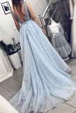 A Line V Neck Plunging Neck Powder Blue V Back Prom Dress with Beading, Evening Dress P1038