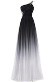 A line Chiffon Black and White One Shoulder Prom Dresses, Long Ombre Evening Dresses PW690