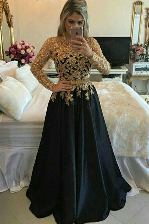 A line Lace Black Puffy Pearls Gold Evening Dresses Long Sleeve Appliques Prom Dresses PW664