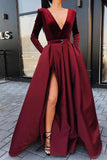A line Long Sleeve Burgundy Prom Dresses Satin Deep V Neck High Slit Evening Dress PW650