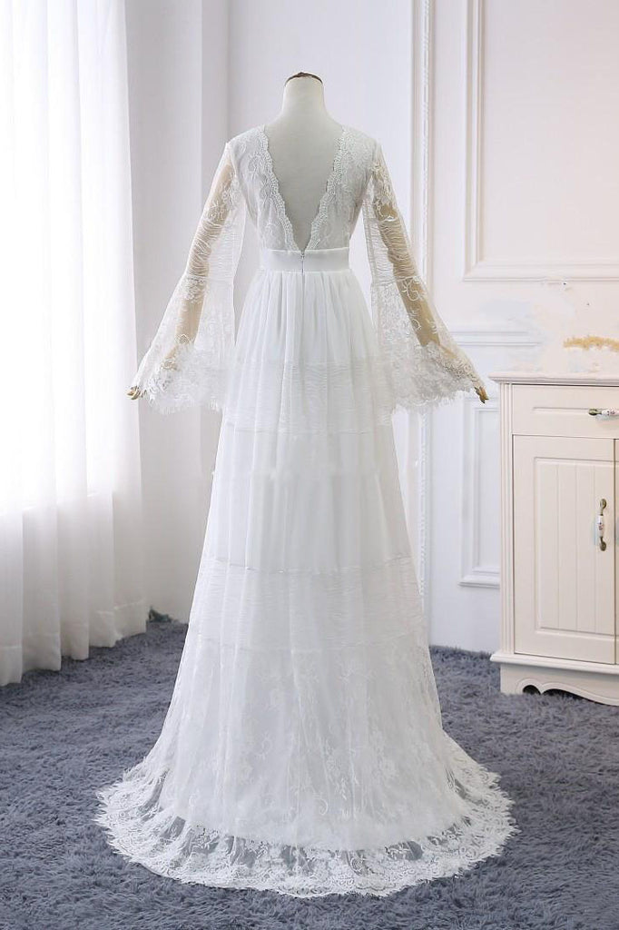 A Line Long Sleeve V-Neck Lace Ivory Wedding Dress V-Neck Beach Bridal Dress W1010