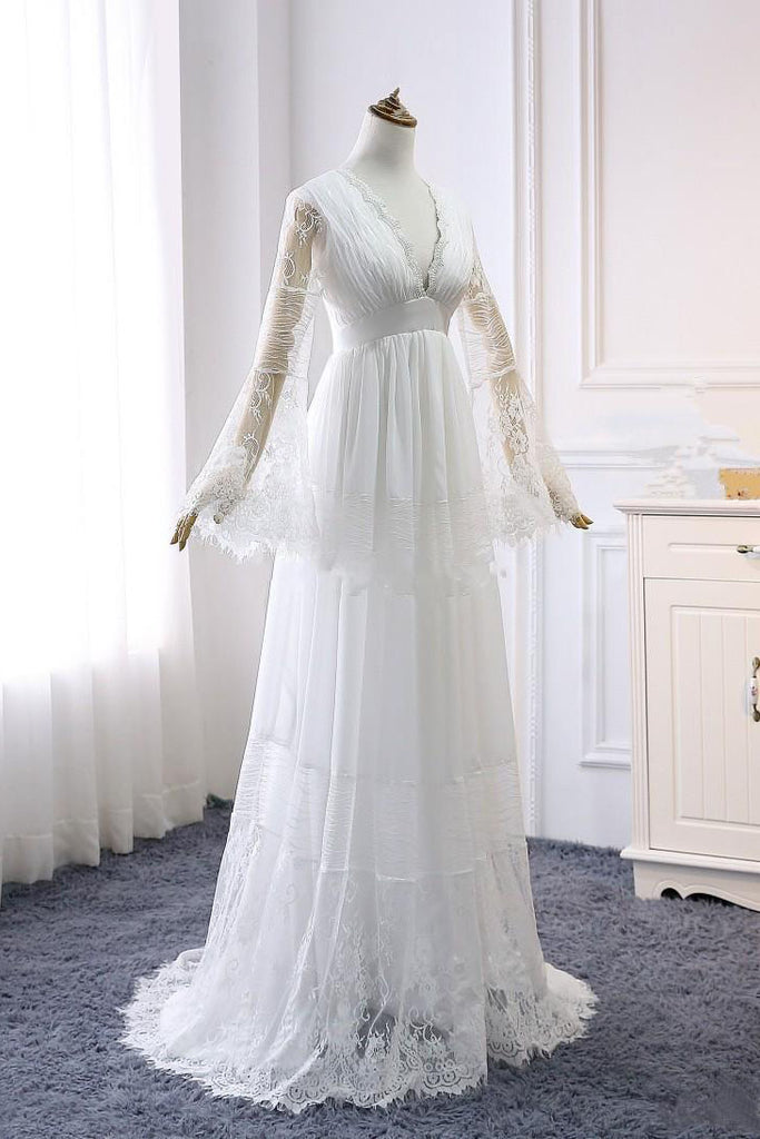 A line Long Sleeve V Neck Lace Ivory Wedding Dresses, V Neck Beach Bridal Dresses W1010
