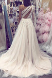 A line Tulle Pink One Shoulder Prom Dresses with Sleeves 3D Flowers Evening Dress PW523