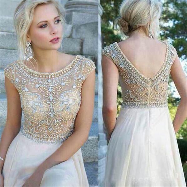 Sexy Boat Neck Cap Sleeves Beads Chiffon Backless Long Prom Dress
