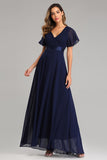Flowy Chiffon Dark Navy Blue Prom Dresses V Neck Ruffled Sleeve Long Bridesmaid Dresses XU90812
