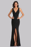 Simple Black V-Neck Sheath Side Slit Evening Dresses XU90817