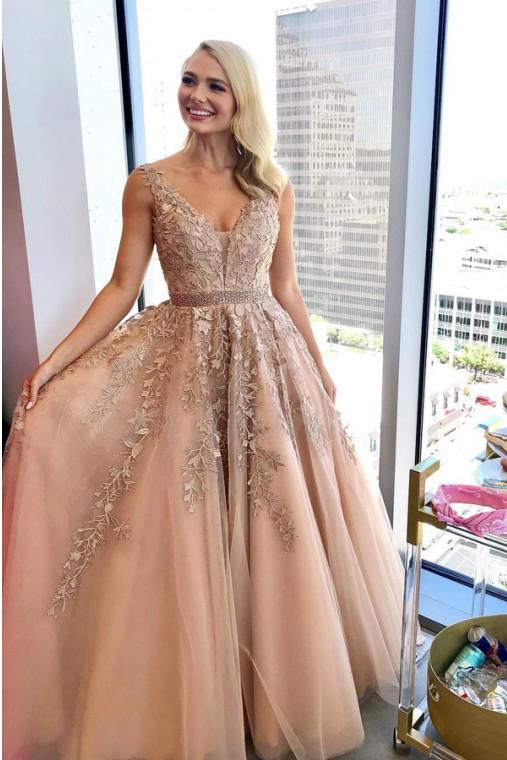 Charming A Line V Neck Beads Tulle Prom Dresses with Appliques, Floor Length Formal Dresses P1283