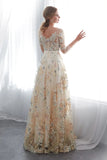 A Line Floral Appliques 3/4 Sleeves Empire Waist Long Prom Dress P1211
