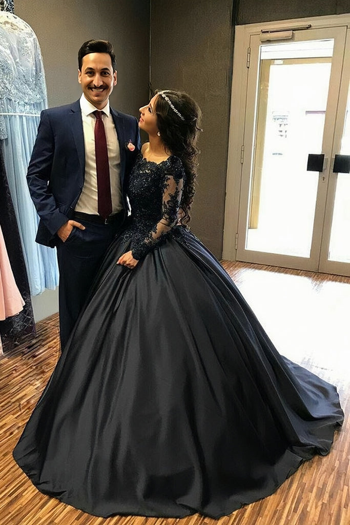 Long Sleeves Navy Blue Lace Prom Dresses Ball Gown Quinceanera Dresses PW450