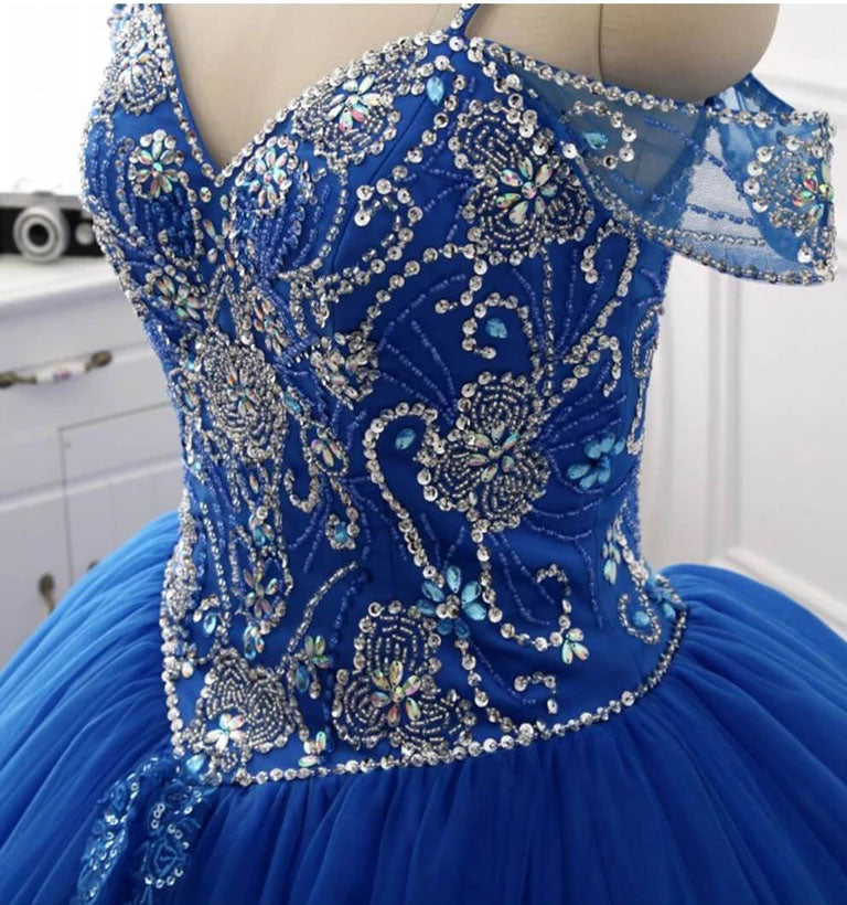 Ball Gown Off the Shoulder Royal Blue Quinceanera Dresses Beaded V-Neck Prom Dresses P1092