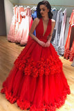 Ball Gown Red Deep V Neck Tulle Prom Dresses Long Appliques Quinceanera Dresses PW714