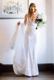 Beauty V Neck Long Lace Beach Wedding Dresses, Ivory Mermaid Backless Bridal Dress W1008