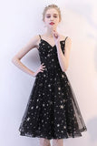 Black V Neck Short Prom Dresses, Spaghetti Straps Knee Length Homecoming Dress with Stars H1061