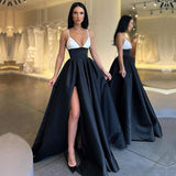 A Line Satin Black and White Spaghetti Straps Prom Dresses PD0116