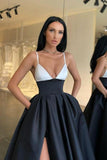 A Line Satin Black and White Spaghetti Straps Prom Dresses PD0116