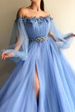 Blue Long Sleeve Tulle Prom Dresses with High Split, Beaded Crystal Evening Dresses PW740