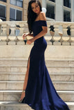 Blue Mermaid Off the Shoulder Short Sleeve Satin Prom Dresses with Slit PW671