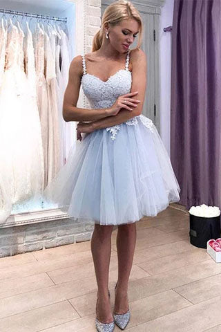 Blue Tulle Lace Sweetheart Short Prom Dresses, Above Knee Spaghetti Straps Homecoming Dresses P1077