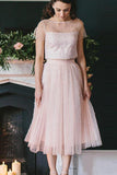 Blush Pink Two Piece Tea Length Tulle Bridesmaid Dresses with Pearls, Homecoming Dresses H1123