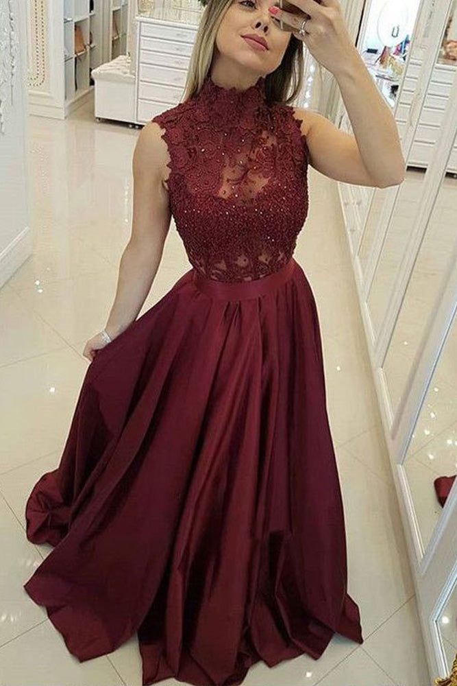 Burgundy High Neck Lace Prom Dresses Beads Satin Long Cheap Party Dresses PW573