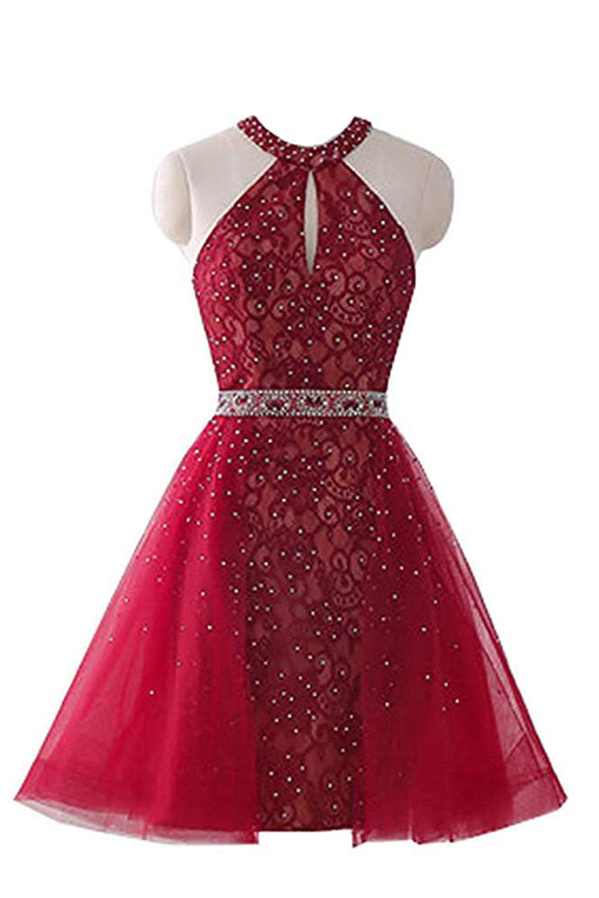 Burgundy Short Lace Beaded Halter Backless Evening Prom Dresses Homecoming Dresses H1173