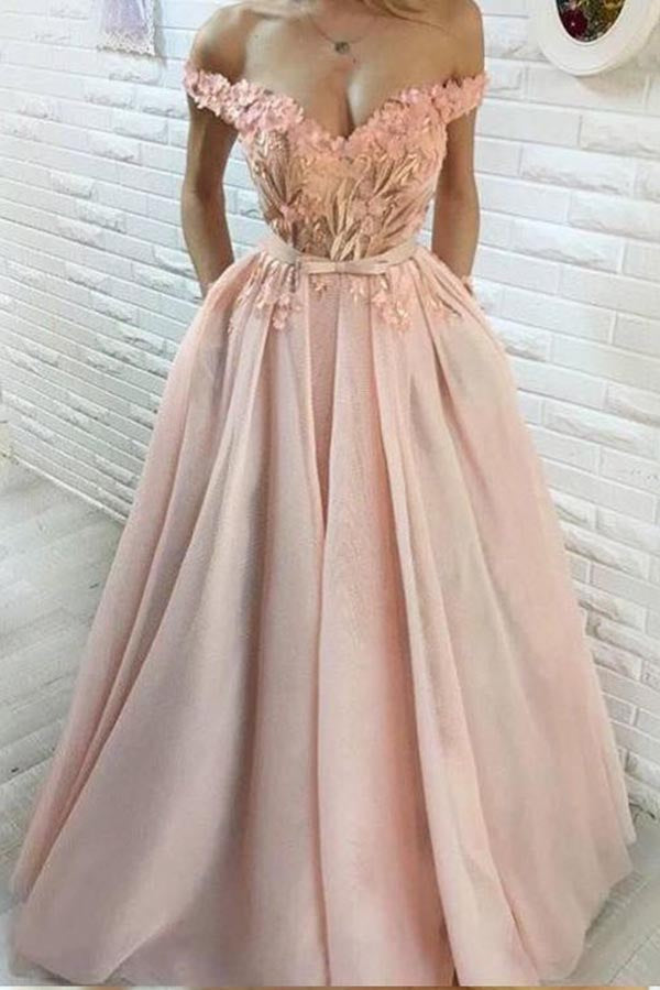 A line Off the Shoulder Sweetheart Hand Made Flowers Prom Dresses with Pockets PW291