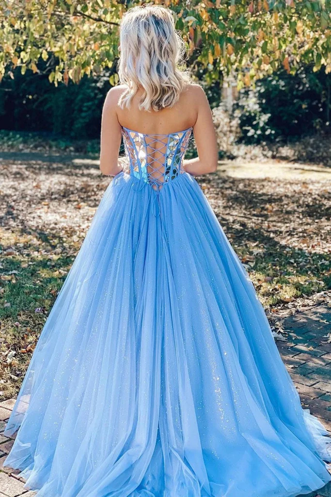 Shiny Sequins Sweetheart Blue Tulle A Line Formal Long Prom Dresses