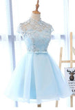 Cute A Line Light Blue High Neck Tulle Flowers Homecoming Dress