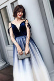 Cute Blue Ombre Long Tulle Prom Dress Unique V-Neck Sleeveless Dance Dress PW906