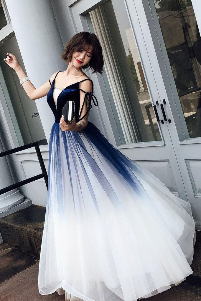Cute Blue Ombre Long Tulle Prom Dress, Unique V Neck Sleeveless Dance Dresses PW906
