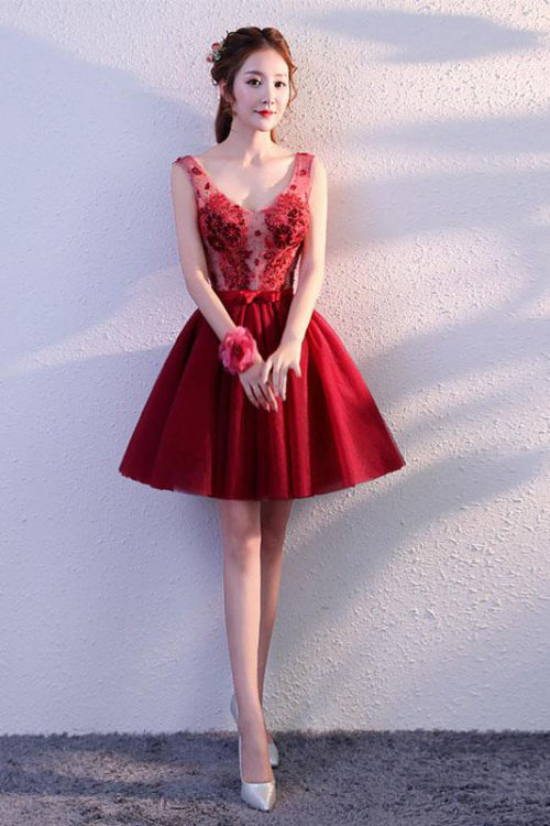 Cute Burgundy Tulle Above Knee Tulle Homecoming Dresses, Lace up Belt Graduation Dress PW820