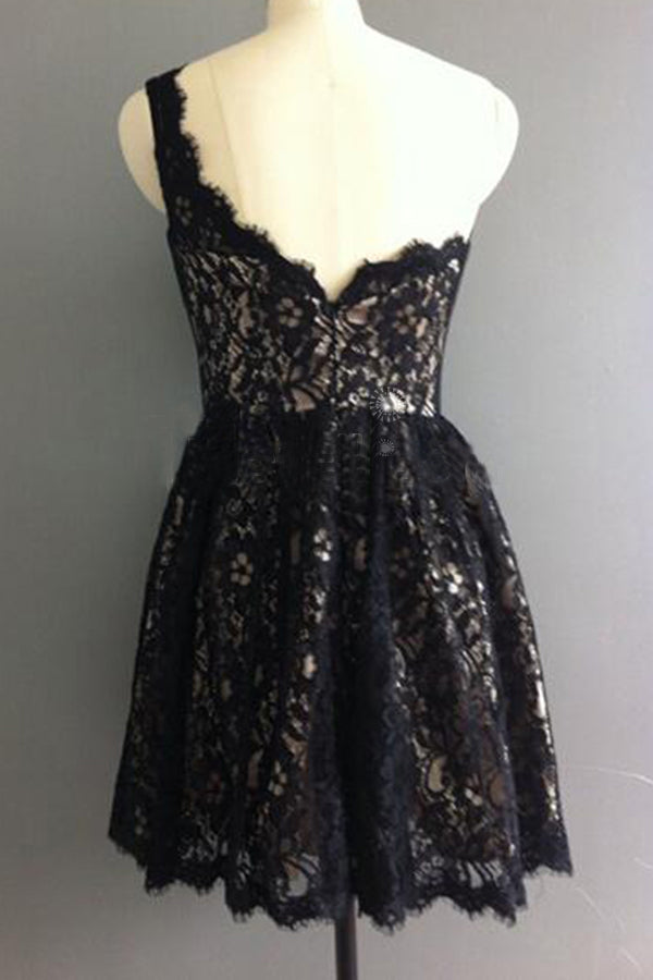 Cute One Shoulder Lace Appliques Black Short Prom Dress Homecoming Dress H1292