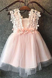 Cute Pink Tulle Bow Lace Beads Cap Sleeve Flower Girl Dresses, Wedding Party Dress FG1003