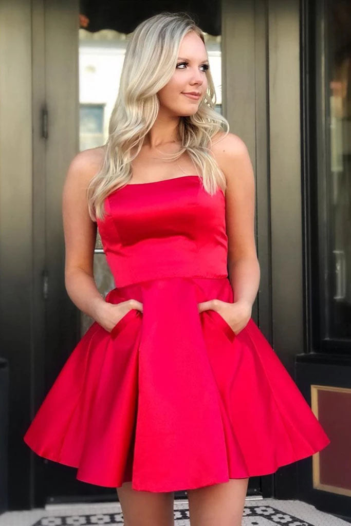 Cute Red Short Prom Dresses with Pockets, Strapless Above Knee Satin Homecoming Dresses H1148
