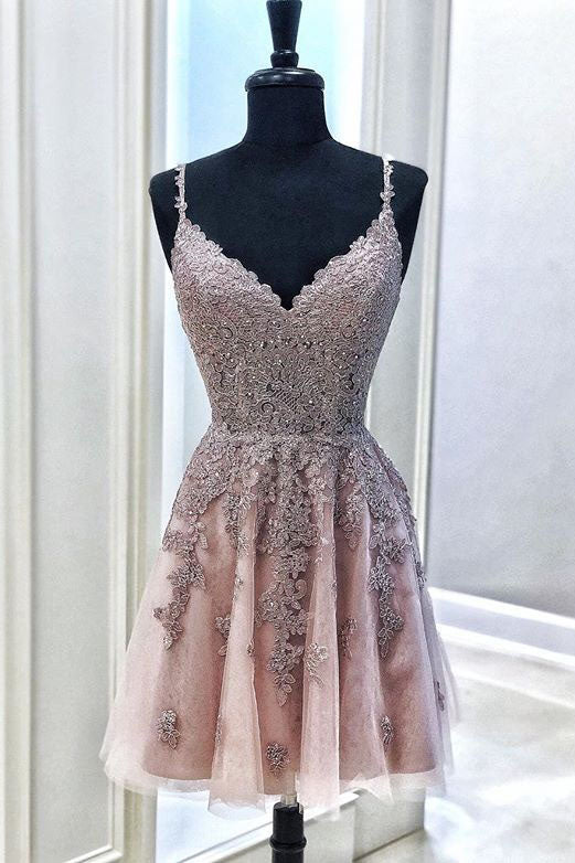 Cute Spaghetti Straps Flesh Pink V Neck Lace Appliques Homecoming Dresses with Tulle H1051