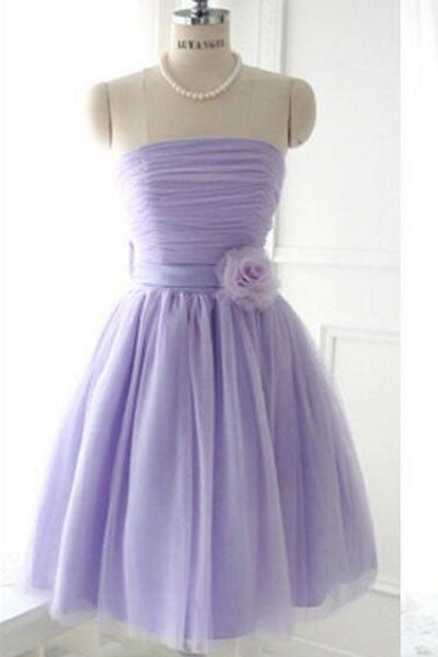 Cute Strapless Flower Lavender Chiffon Short Bridesmaid Dresses with Bow, Prom Dresses PW962