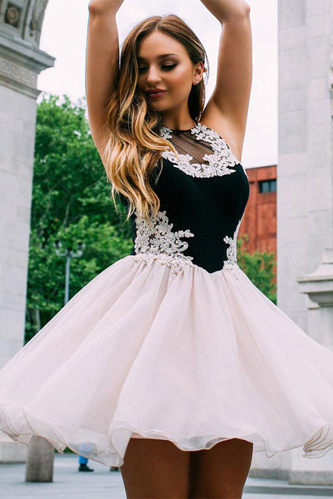 Cute Tulle Lace Short Prom Dress Halter Pink and Black Homecoming Dress H1175