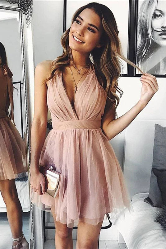 Cute V Neck Above Knee Pink Ruffles Tulle Short Prom Dresses, Homecoming Dresses H1113